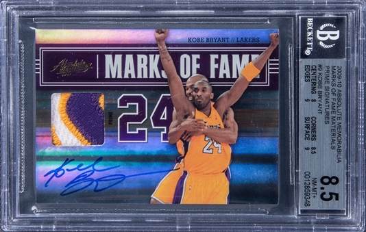 2009-10 Absolute Memorabilia "Marks of Fame Material Prime Signatures" #9 Kobe Bryant Signed Patch Card (4/5) - BGS NM-MT+ 8.5/10